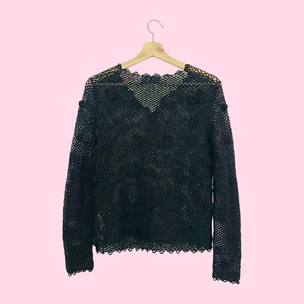 BLACK CROCHET FLORETTE SWEATER (S/M)