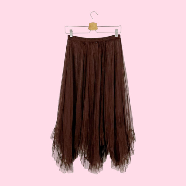BROWN WRINKLED MESH SHEER SKIRT (S)