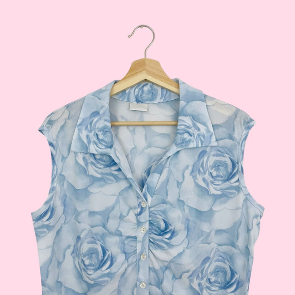 PASTEL BLUE ROSE PRINT MESH TOP (XL)