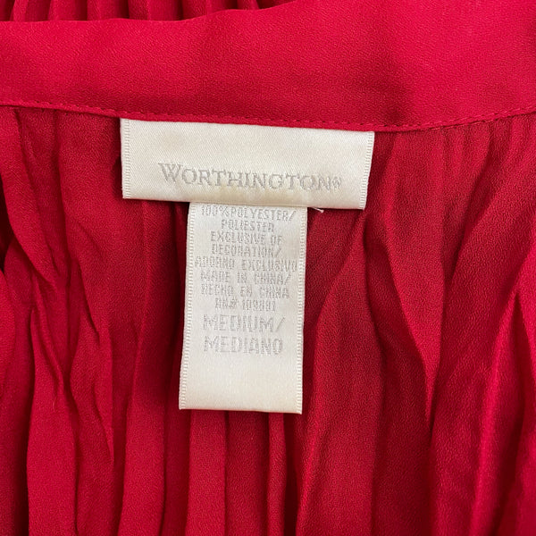 RED SHEER PLEATED RUFFLE BLOUSE (M)