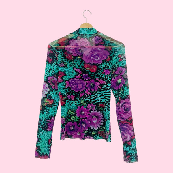 KENZO JEANS FLORAL PRINT MESH BUTTON UP TOP (M)