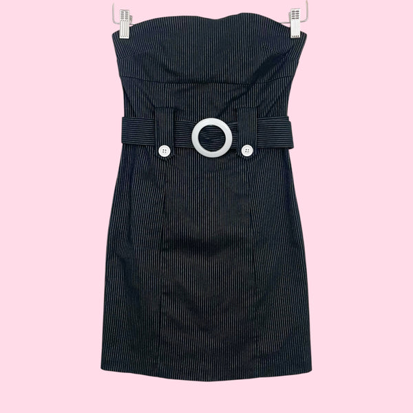 BLACK PINSTRIPE STRAPLESS MINI DRESS (S)