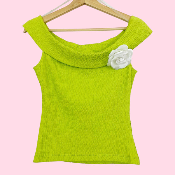 LIME OFF THE SHOULDER TOP W/ FLOWER PIN (S)