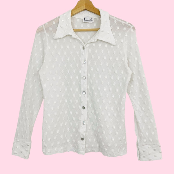 WHITE EMBROIDERED MESH BLOUSE (S/M)