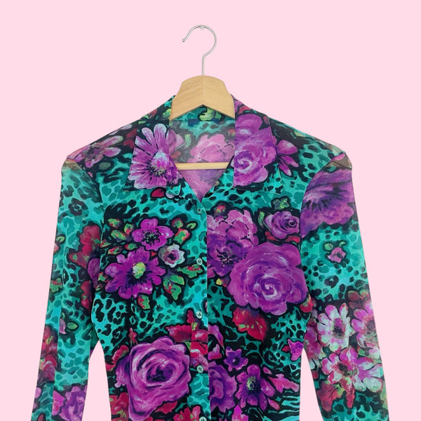 KENZO JEANS FLORAL PRINT MESH BUTTON UP TOP (M)