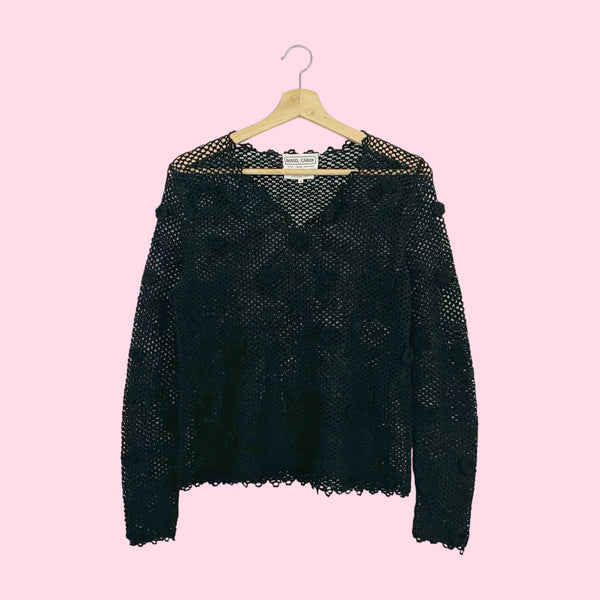 BLACK CROCHET FLORETTE SWEATER (S/M)