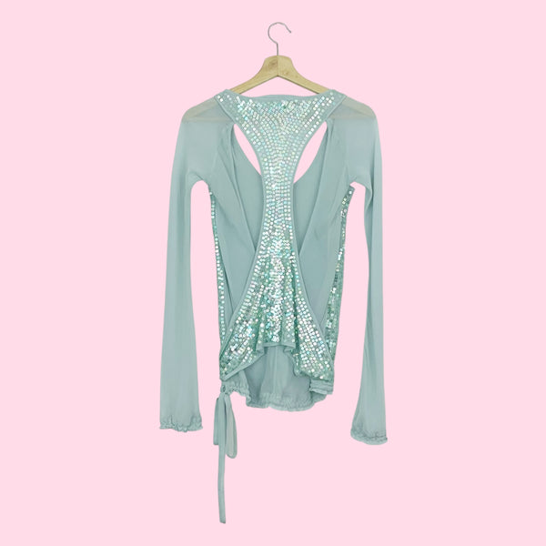 MINT SILK SEQUINS CUT OUT BLOUSE (S)