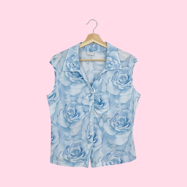 PASTEL BLUE ROSE PRINT MESH TOP (XL)