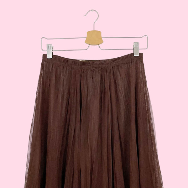 BROWN WRINKLED MESH SHEER SKIRT (S)