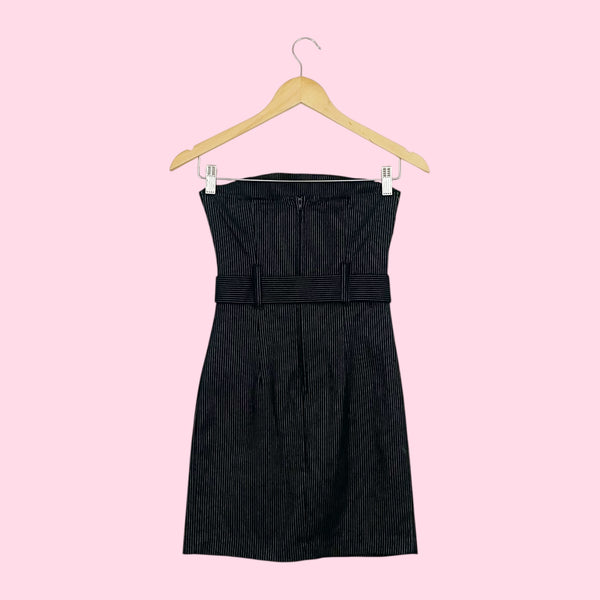 BLACK PINSTRIPE STRAPLESS MINI DRESS (S)