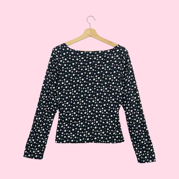 BLACK + PURPLE POLKA DOT MESH TOP (L)