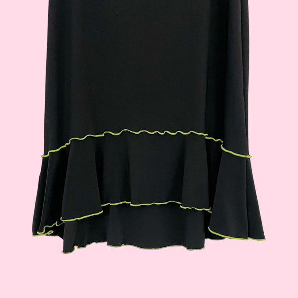 BLACK MIDI SKIRT W/ LIME STITCHING (S)