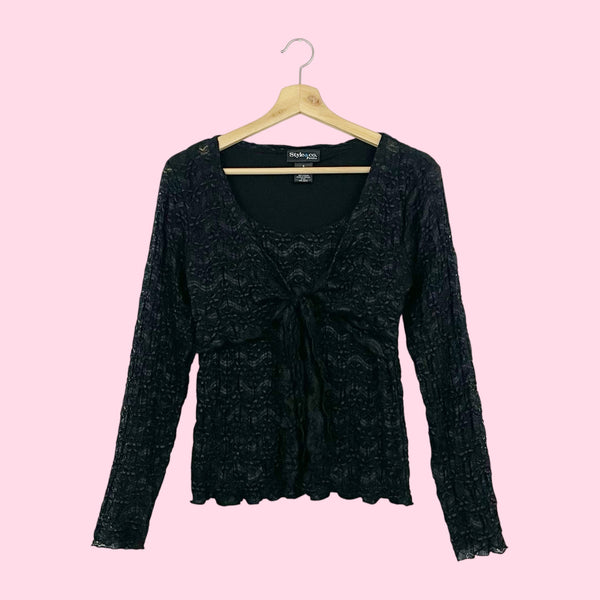 BLACK FLORAL LACE TIE FRONT BLOUSE (S)