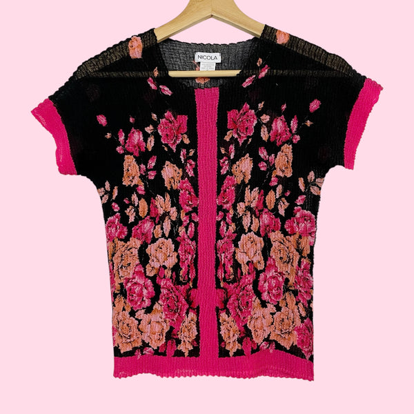 BLACK FLORAL PLEATED TOP (M)