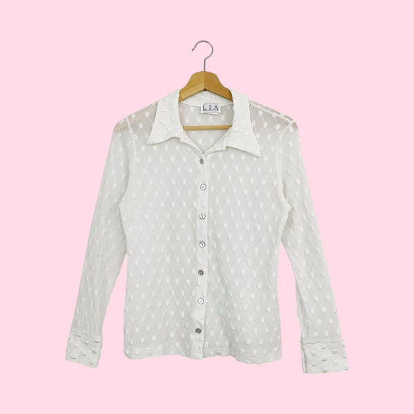 WHITE EMBROIDERED MESH BLOUSE (S/M)