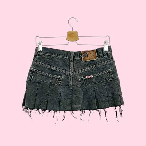 FADED BLACK DENIM PLEATED MICRO MINI SKIRT (XS/S)