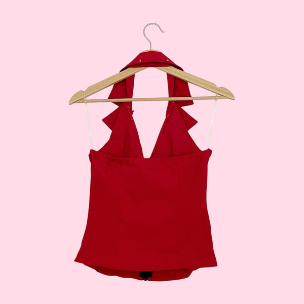 RED STUDDED HALTER TOP (M)