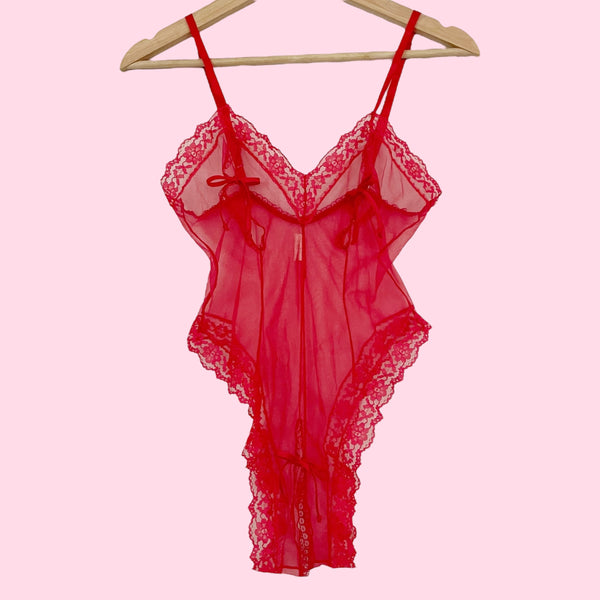 RED NYLON CROTCHLESS TEDDY (S)