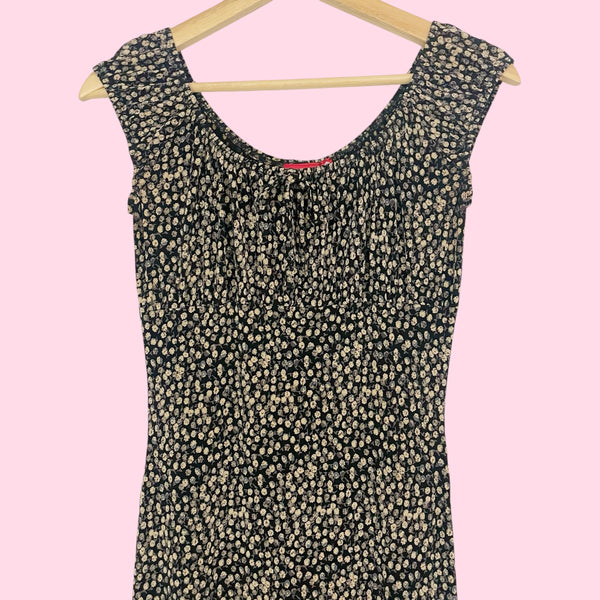 BLACK + TAN FLORAL GRUNGE MIDI DRESS (S)