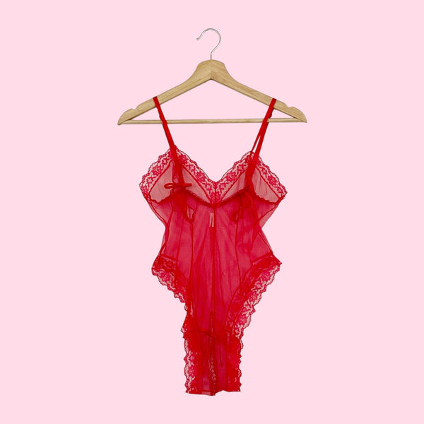 RED NYLON CROTCHLESS TEDDY (S)