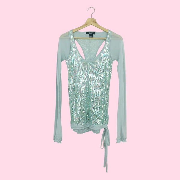 MINT SILK SEQUINS CUT OUT BLOUSE (S)