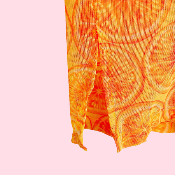 ORANGE FRUIT PRINT MESH DRESS COVER UP (L)