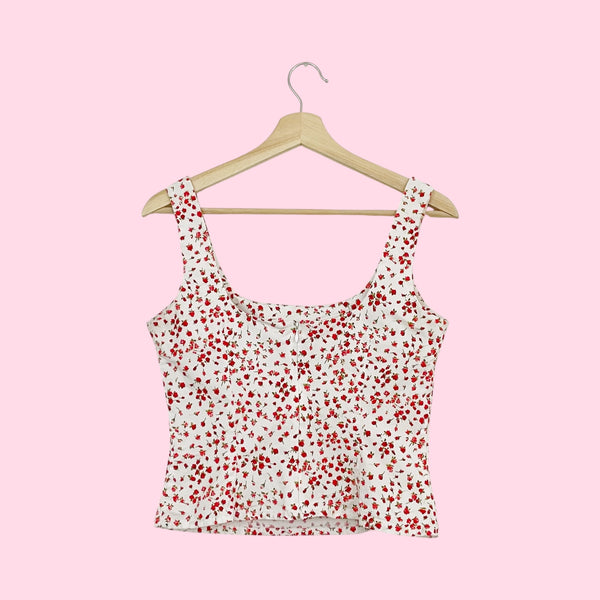 WHITE + RED COTTON FLORAL TANK (6)