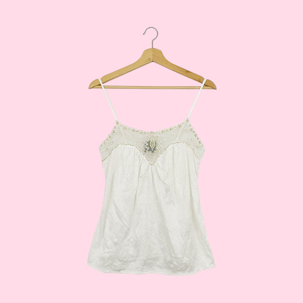 WHITE TANK W/ EMBROIDERED BEADED MESH TRIM (M)