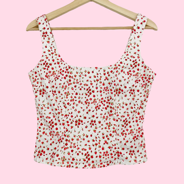 WHITE + RED COTTON FLORAL TANK (6)