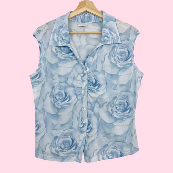 PASTEL BLUE ROSE PRINT MESH TOP (XL)