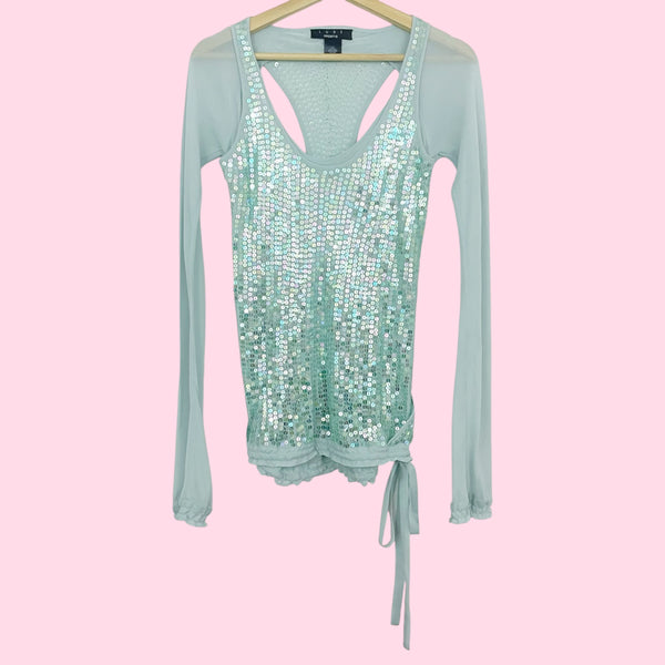 MINT SILK SEQUINS CUT OUT BLOUSE (S)