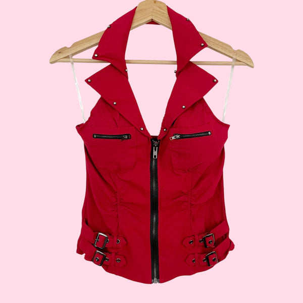 RED STUDDED HALTER TOP (M)