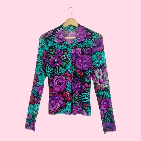 KENZO JEANS FLORAL PRINT MESH BUTTON UP TOP (M)