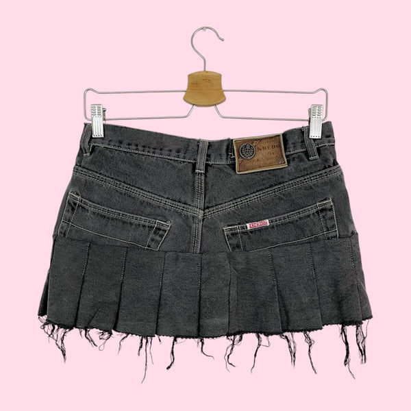 FADED BLACK DENIM PLEATED MICRO MINI SKIRT (XS/S)