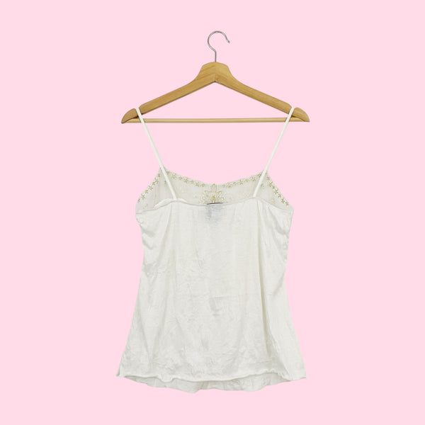 WHITE TANK W/ EMBROIDERED BEADED MESH TRIM (M)