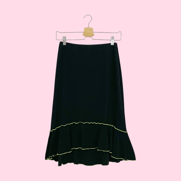 BLACK MIDI SKIRT W/ LIME STITCHING (S)