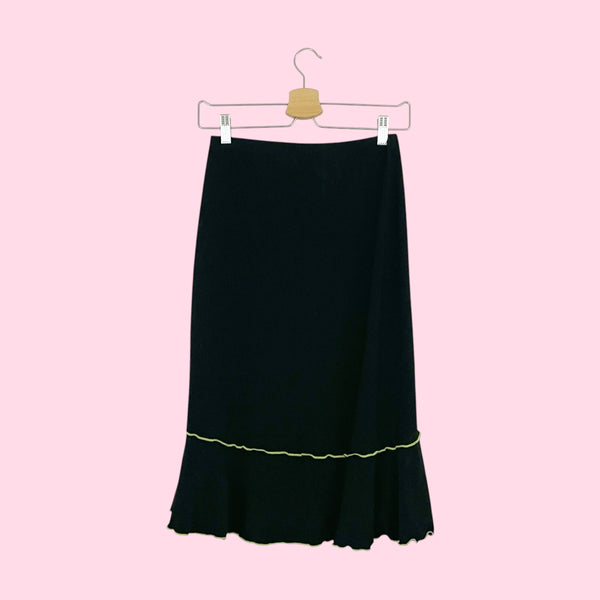 BLACK MIDI SKIRT W/ LIME STITCHING (S)