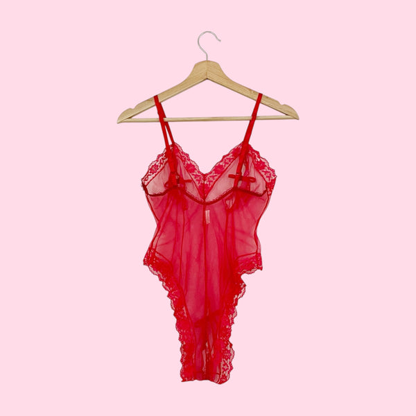 RED NYLON CROTCHLESS TEDDY (S)