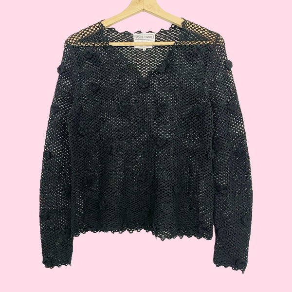BLACK CROCHET FLORETTE SWEATER (S/M)