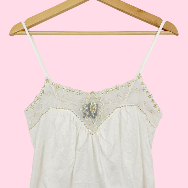 WHITE TANK W/ EMBROIDERED BEADED MESH TRIM (M)