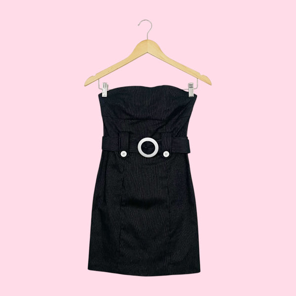 BLACK PINSTRIPE STRAPLESS MINI DRESS (S)