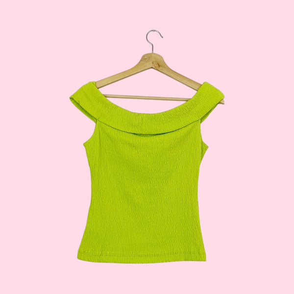 LIME OFF THE SHOULDER TOP W/ FLOWER PIN (S)