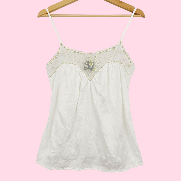 WHITE TANK W/ EMBROIDERED BEADED MESH TRIM (M)