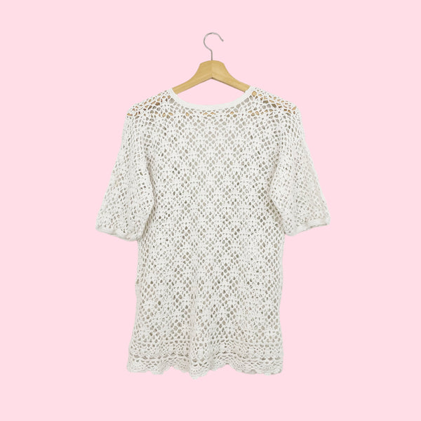 WHITE CROCHET S/S CARDIGAN (M/L)