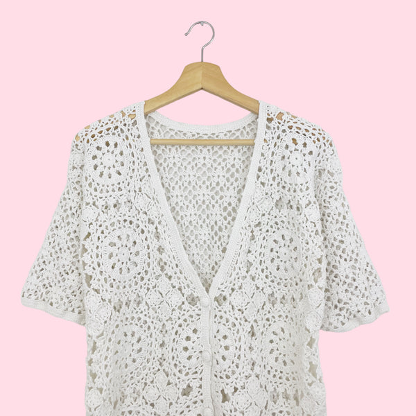 WHITE CROCHET S/S CARDIGAN (M/L)