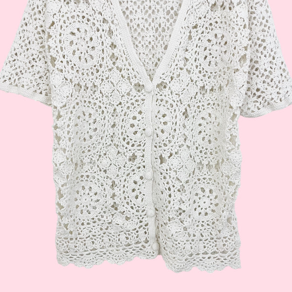 WHITE CROCHET S/S CARDIGAN (M/L)