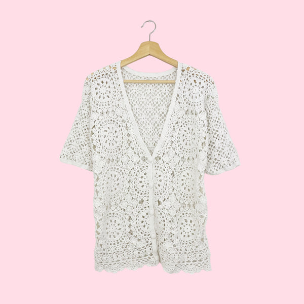 WHITE CROCHET S/S CARDIGAN (M/L)
