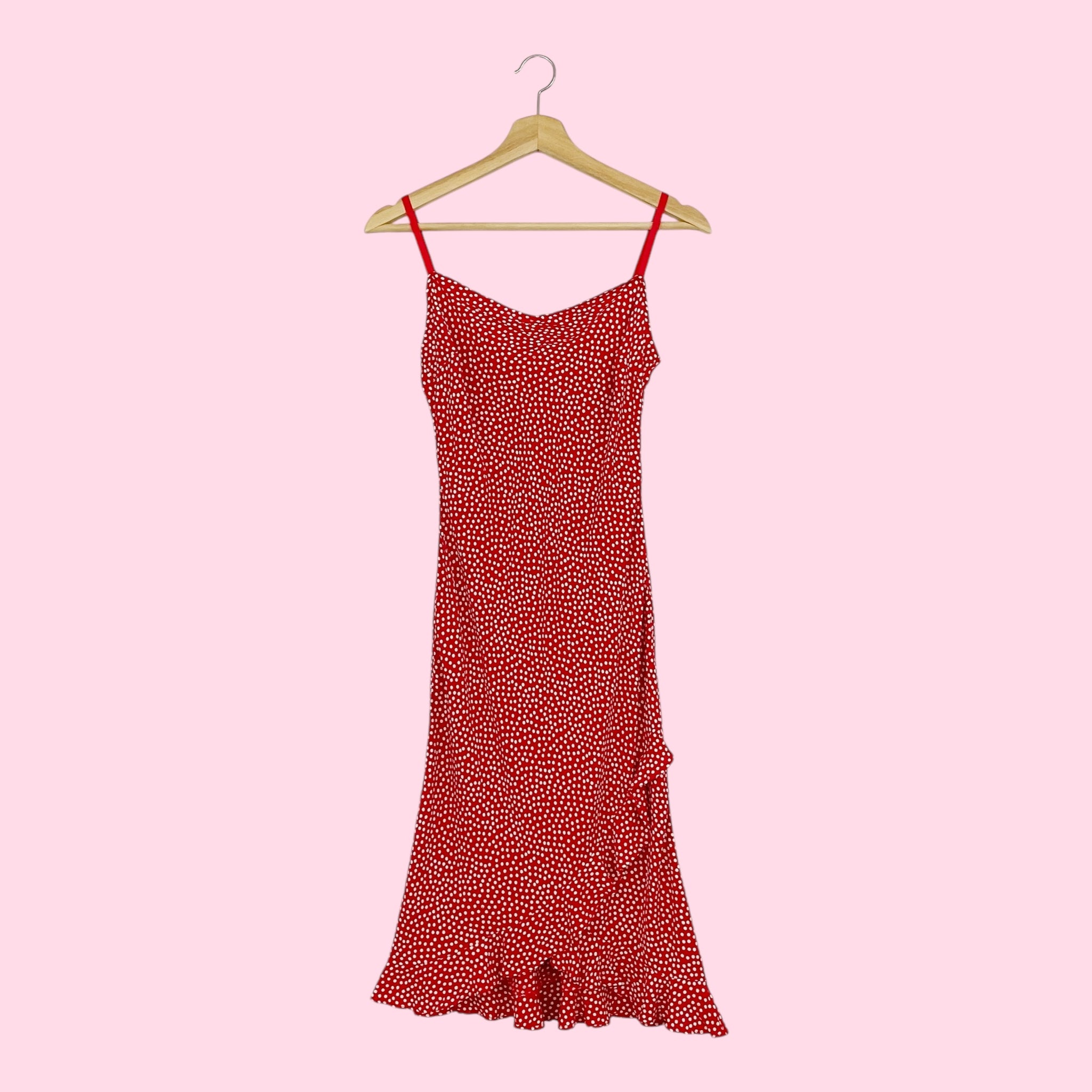 RED + WHITE POLKA DOT MIDI DRESS (XS)