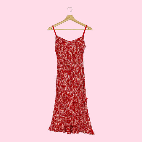 RED + WHITE POLKA DOT MIDI DRESS (XS)