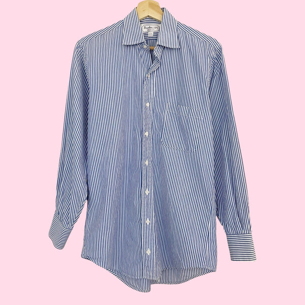 90s Burberrys Blue + White Striped Shirt (S)